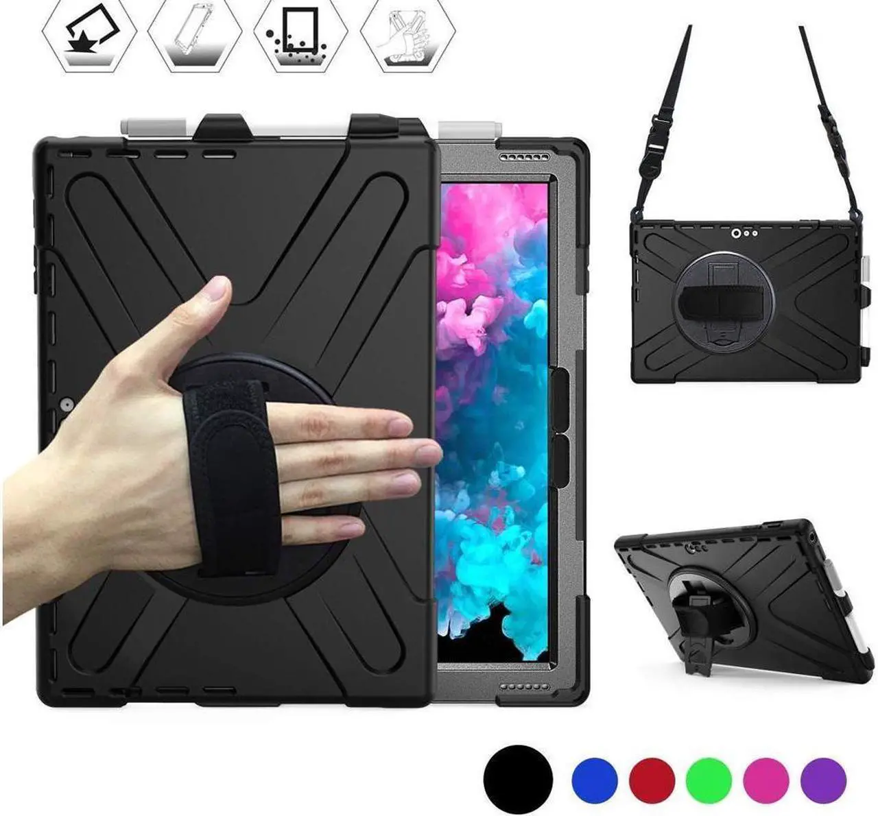 Main image of BONAEVER For Microsoft Surface Pro 7 Plus / Pro 7 / Pro 6 / Pro 5 / Pro 2017 / Pro 4 / Pro LTE Case Protective Shockproof Cover with Pen Holder Hand Strap Rotating Stand and Shoulder Strap