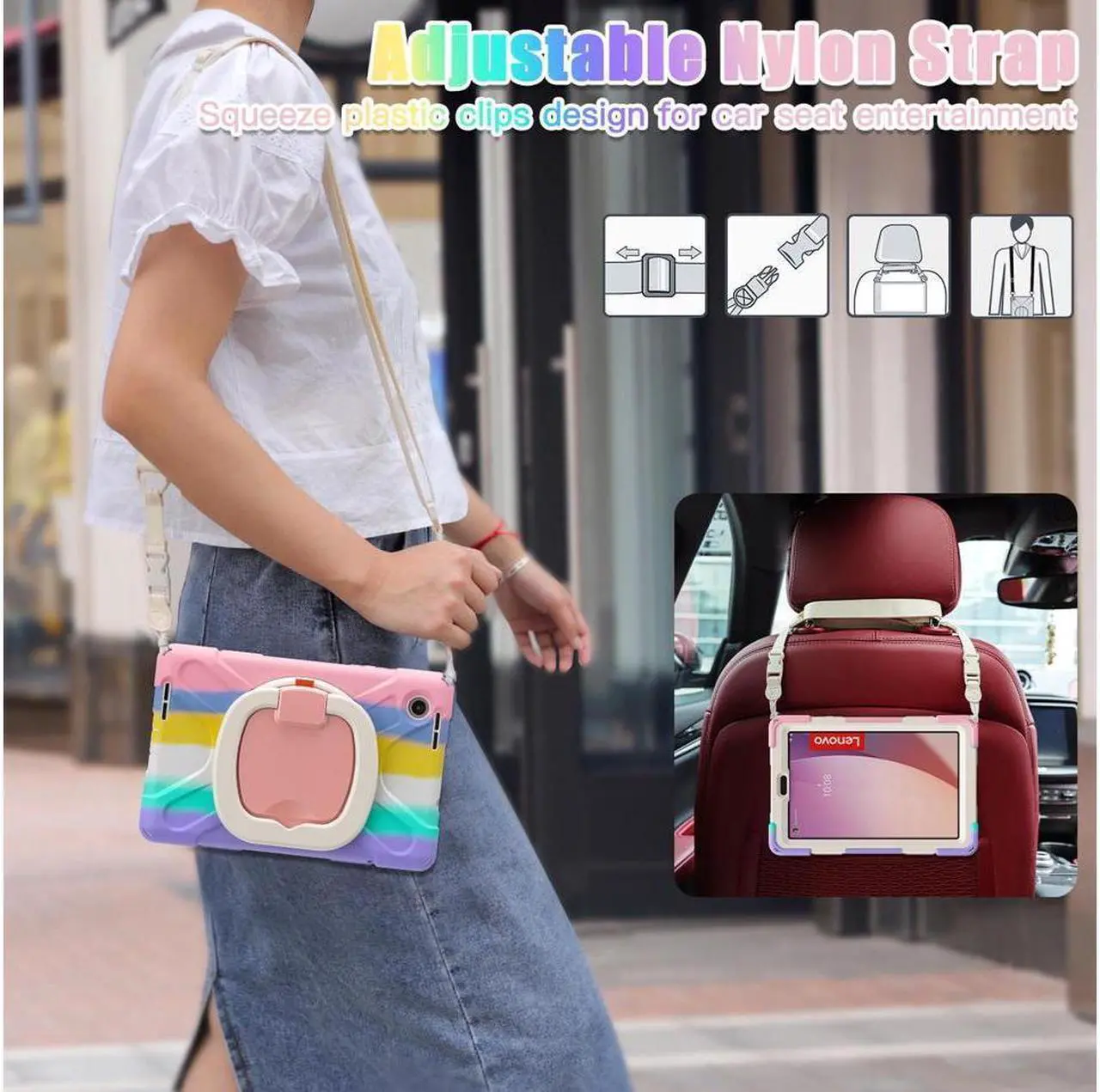 Alt view image 5 of 7 - BONAEVER For Lenovo Tab M8 4th Gen 2023 Model TB-300FU TB-300XU Shockproof Protective Cover with Stand and & Shoulder Strap Pencil Holder Stylus Pen Pink/White