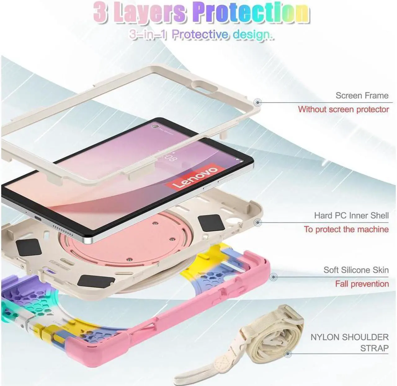 Alt view image 7 of 7 - BONAEVER For Lenovo Tab M8 4th Gen 2023 Model TB-300FU TB-300XU Shockproof Protective Cover with Stand and & Shoulder Strap Pencil Holder Stylus Pen Pink/White