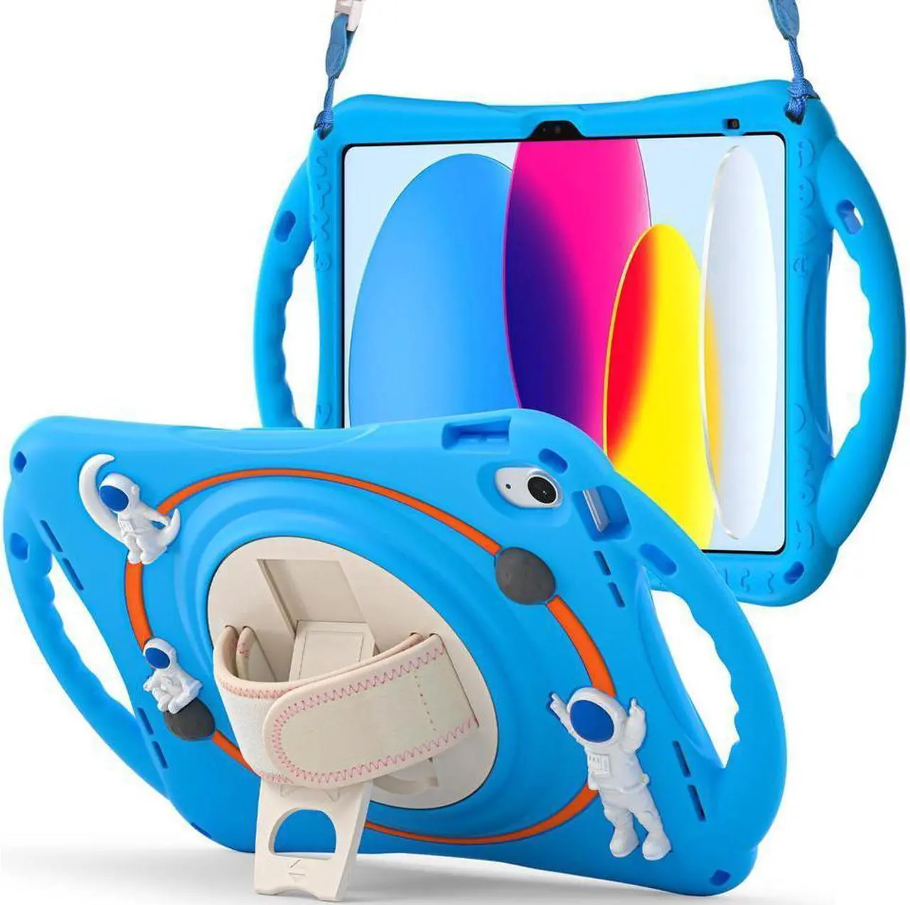 Main image of BONAEVER Cute Case for Apple iPad 10th Generation 10.9 inch 2022 Shockproof Silicone A Standronaut Cover with Stand Shoulder Strap Handle Grip Pencil Holder Light Blue