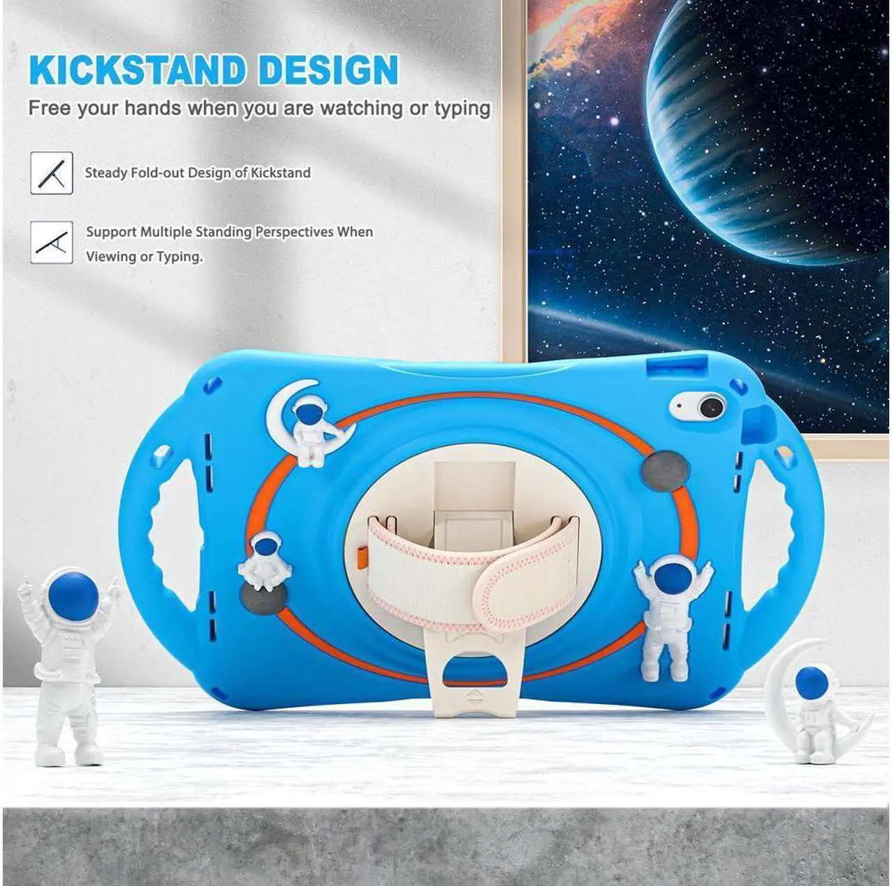 Alt view image 3 of 7 - BONAEVER Cute Case for Apple iPad 10th Generation 10.9 inch 2022 Shockproof Silicone A Standronaut Cover with Stand Shoulder Strap Handle Grip Pencil Holder Light Blue