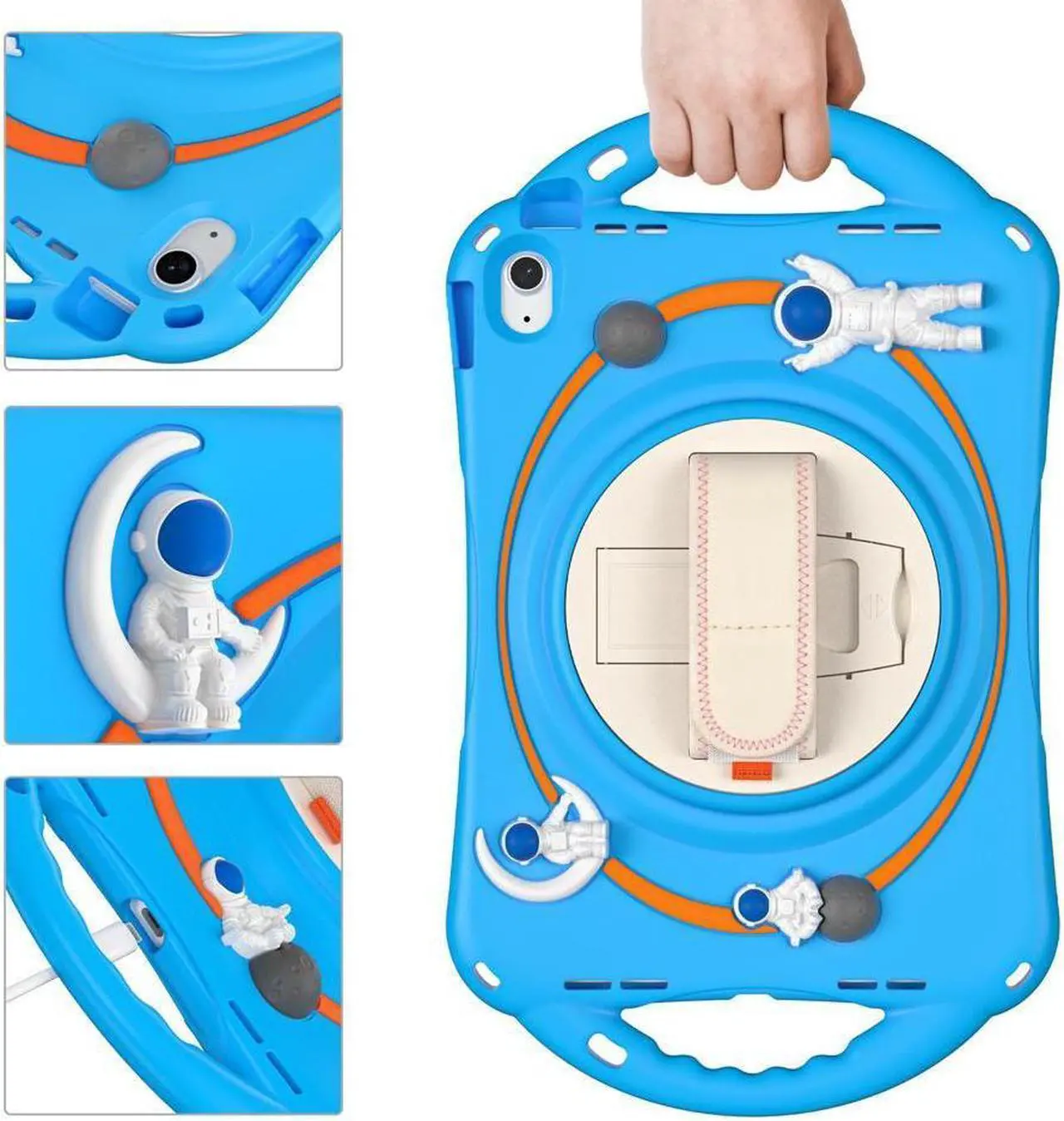 Alt view image 5 of 7 - BONAEVER Cute Case for Apple iPad 10th Generation 10.9 inch 2022 Shockproof Silicone A Standronaut Cover with Stand Shoulder Strap Handle Grip Pencil Holder Light Blue