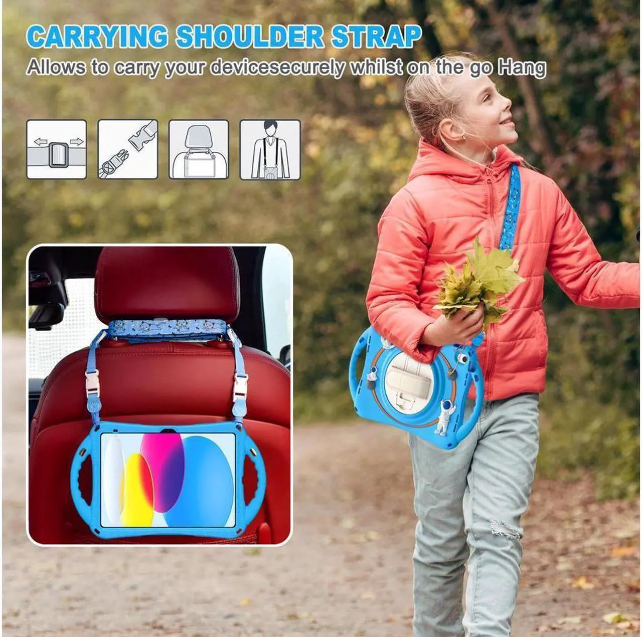 Alt view image 7 of 7 - BONAEVER Cute Case for Apple iPad 10th Generation 10.9 inch 2022 Shockproof Silicone A Standronaut Cover with Stand Shoulder Strap Handle Grip Pencil Holder Light Blue
