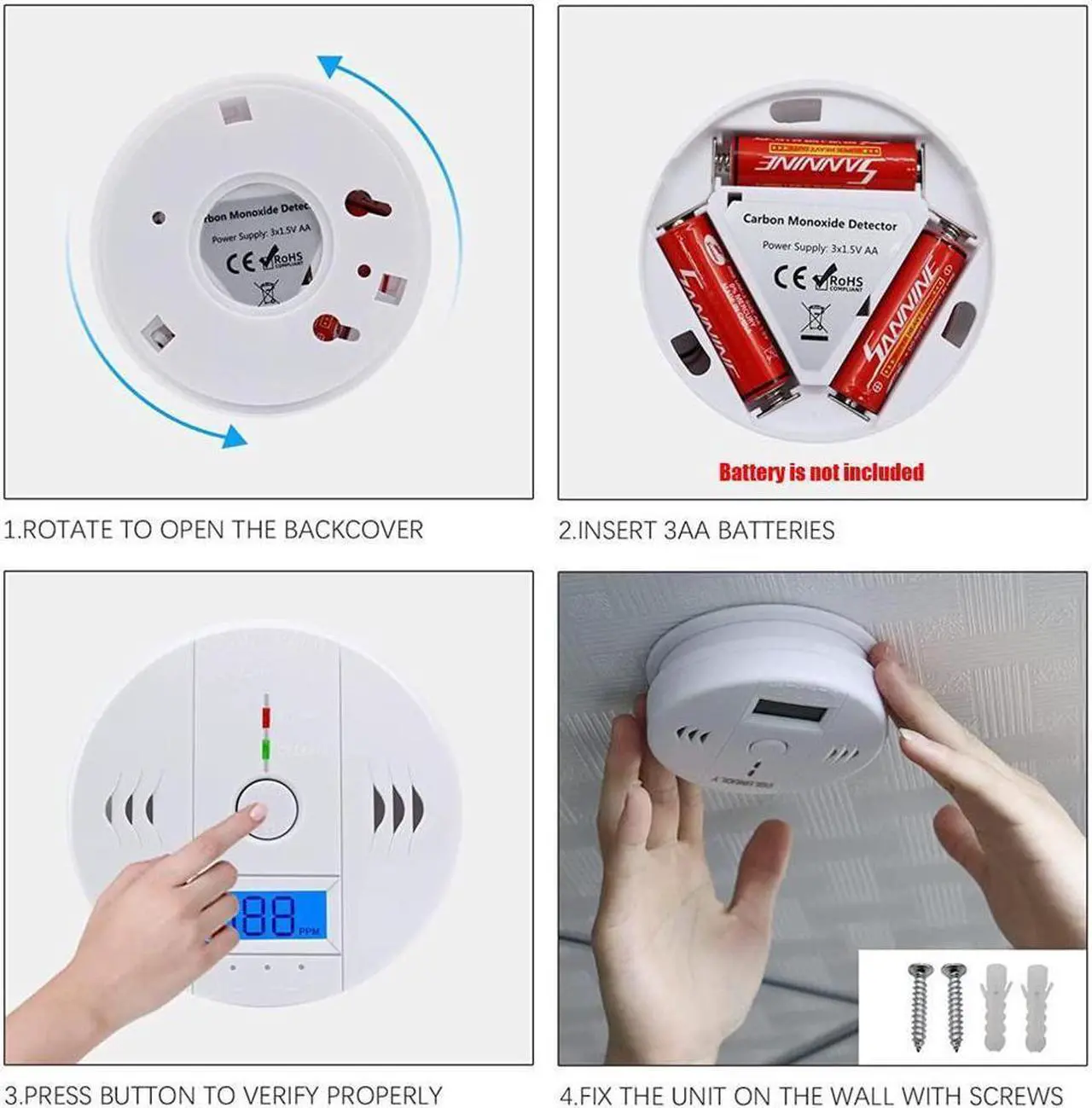 Alt view image 6 of 6 - BONAEVER Carbon Monoxide Detector Digital Display Carbon Monoxide Alarm Electronic Equipment Power Detection Equipment Alarm Clock Warning Comply with UL2034