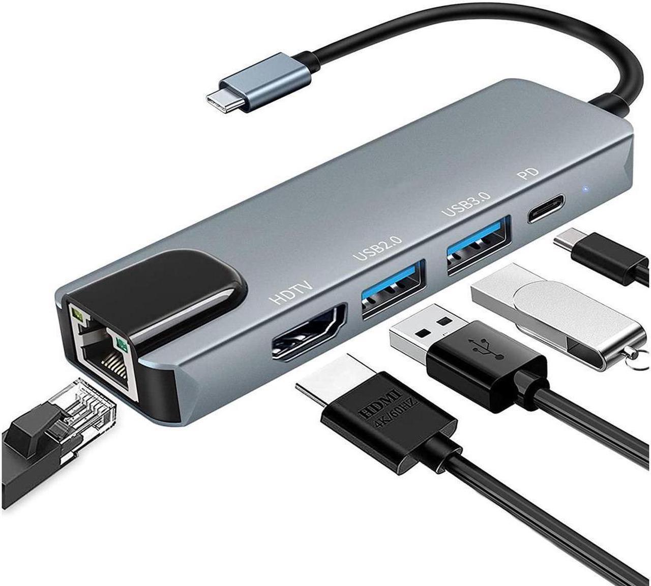 USB C Hub, 5 in 1 USB C to 4K@30HZ HDMI Adapter with 100M Ethernet, Power Delivery Pd Type C Charging Port, USB 3.0&USB2.0 Ports Adapter Compatible for MacBook Pro, Chromebook, XPS, and USB C Devices