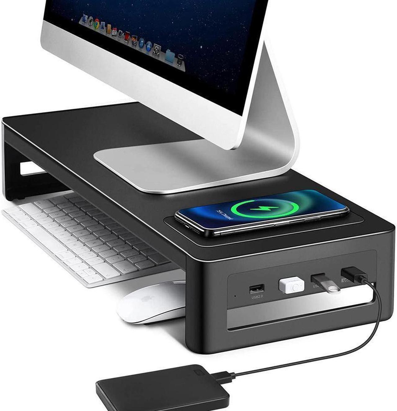 BONAEVER Monitor Stand Riser with Wireless Charger USB 3.0 Hub Support Data Transfer Extra Standorage Standeel Desk Organizer for Laptop Computer Up to 27 inches 66 Pounds