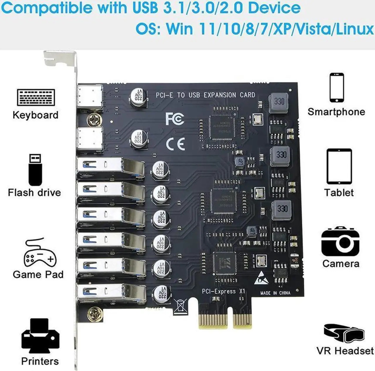 Alt view image 5 of 5 - BONAEVER USB 3.0 PCIe Card PCI-e to 2Port USB C + 6 Port USB 3.0 Internal Expansion Card 5Gbps