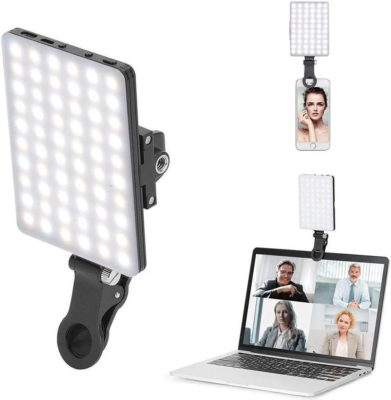 Main image of BONAEVER 60 LED High Power Rechargeable Clip Fill Video Light with Front & Back Clip Adju Standed 3 Light Modes for Phone iPhone Android iPad Laptop for Makeup Selfie Vlog Video Conference