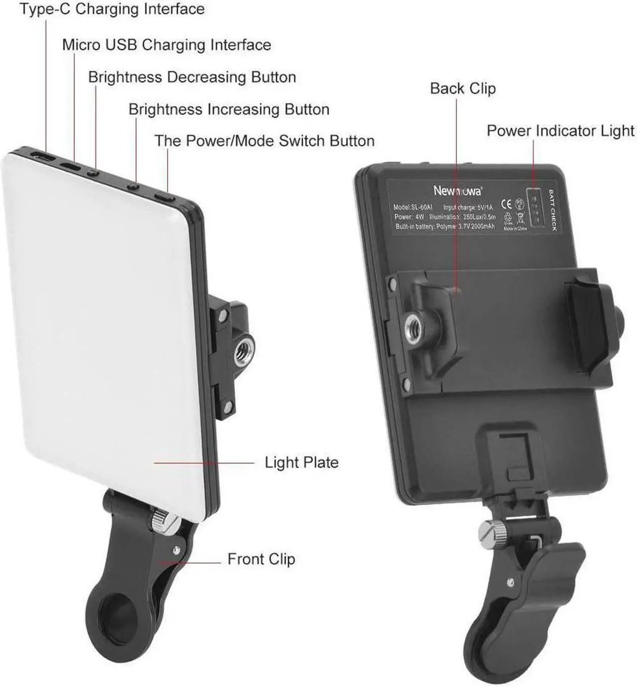 Alt view image 4 of 7 - BONAEVER 60 LED High Power Rechargeable Clip Fill Video Light with Front & Back Clip Adju Standed 3 Light Modes for Phone iPhone Android iPad Laptop for Makeup Selfie Vlog Video Conference