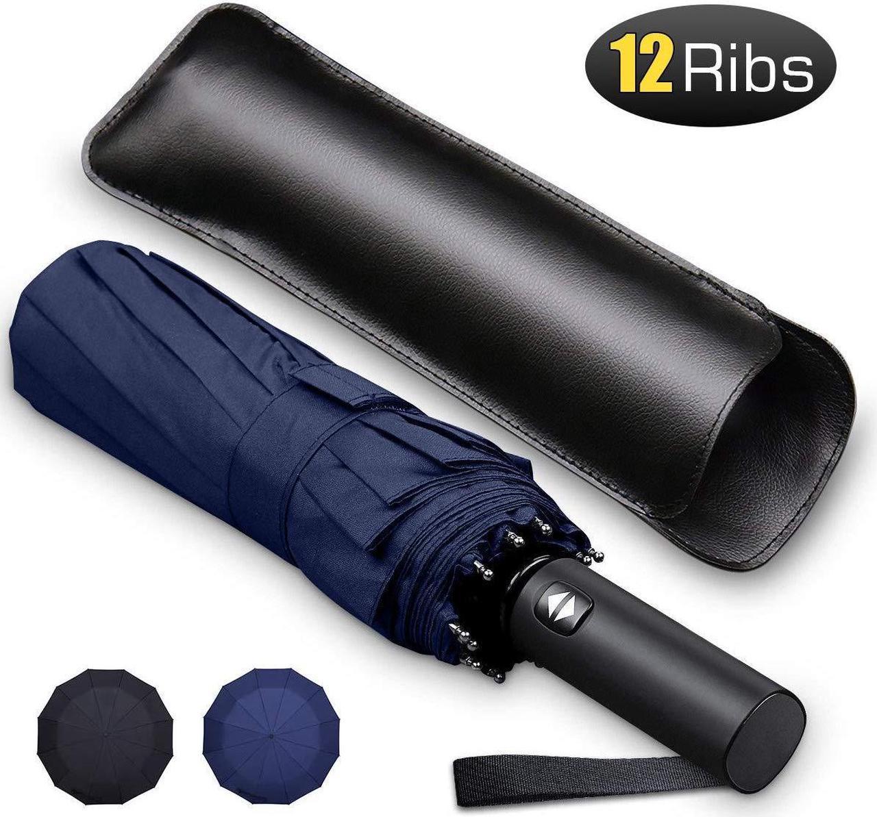 12 Ribs Windproof Travel Umbrella with Teflon Canopy Lengthened Handle with Auto Open Close Button Compact Protection from Rain, Free Upscale Leather Cover