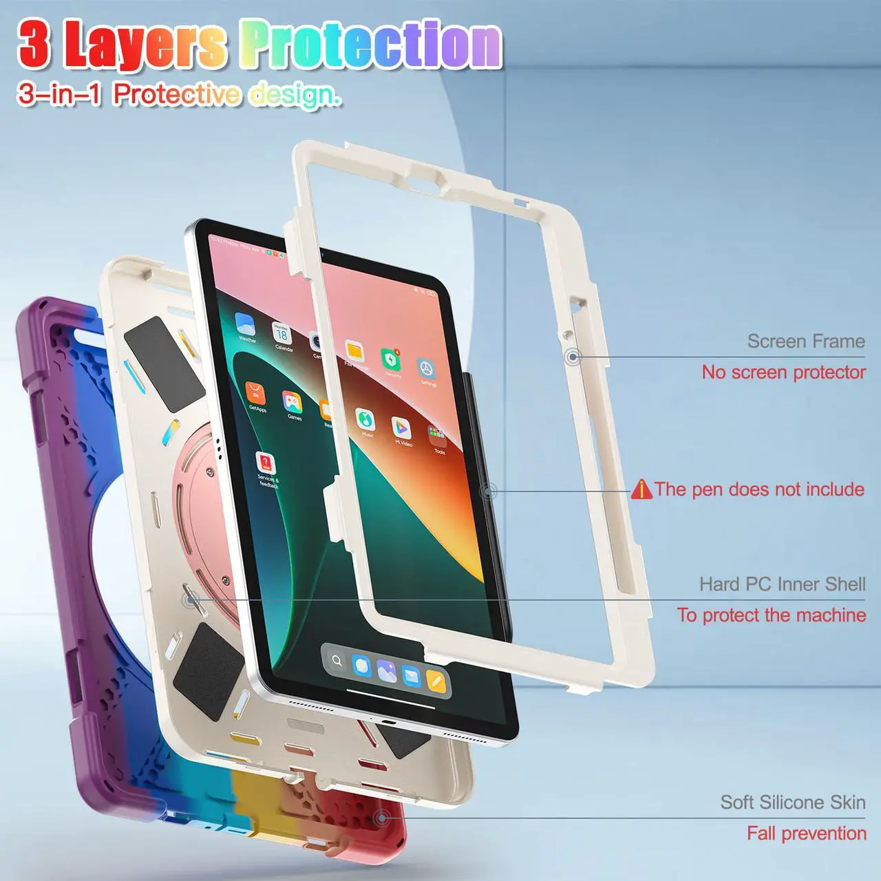 Alt view image 3 of 7 - BONAEVER Protective Case for Xiaomi Mi Pad 5 / MiPad 5 Pro 11 inch 2021 Shockproof Protective Cover with S Pen Holder + Stand and + Handle + Shoulder Strap