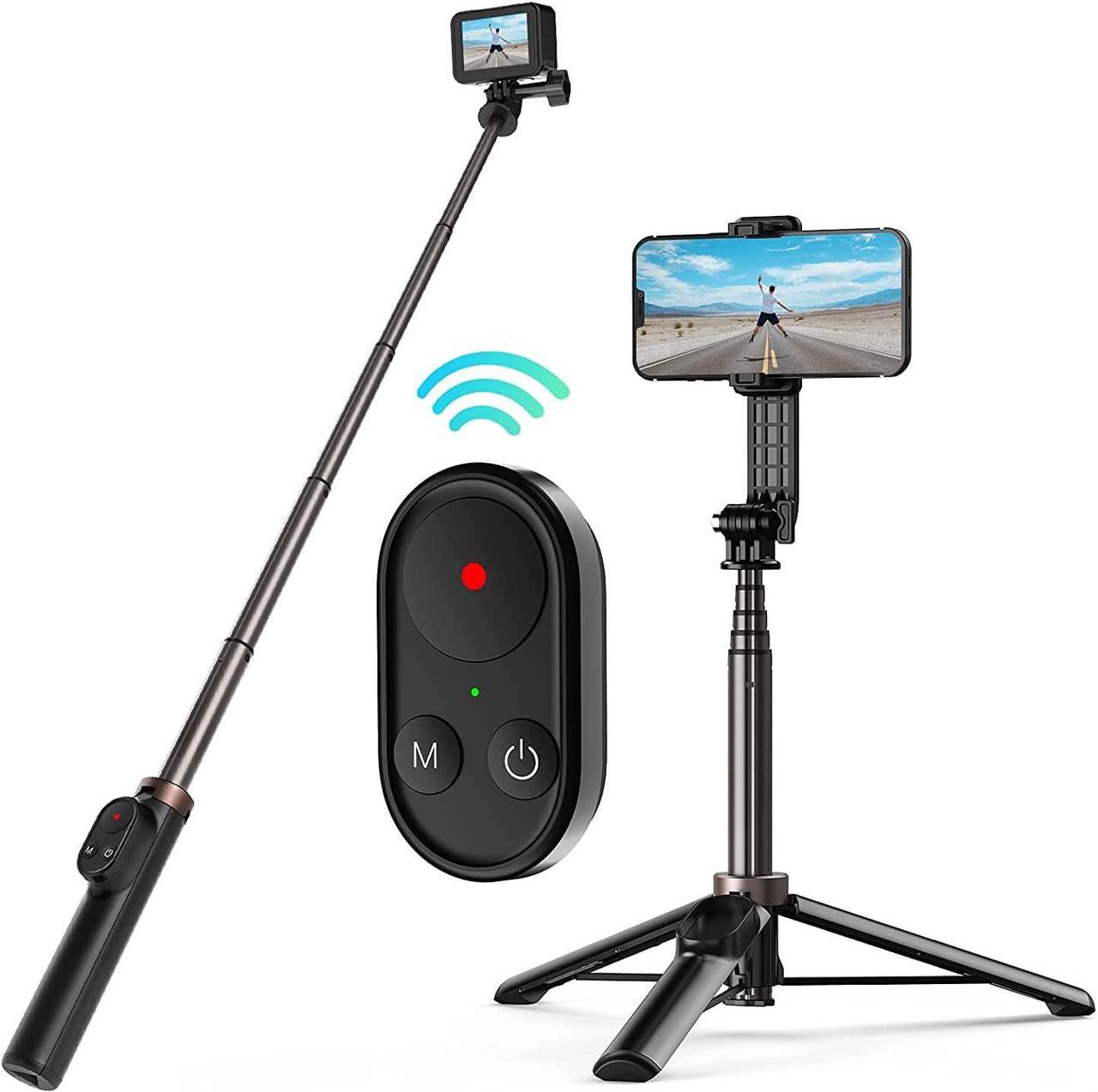 BONAEVER 3-in-1 Selfie Stick with Wireless Remote for GoPro Hero 10 Black / Hero 9 / Hero 8 / GoPro MAX Aluminum Alloy Monopod Tripod Bluetooth Remote Control can be Controlled GoPro/iPhone/ Android