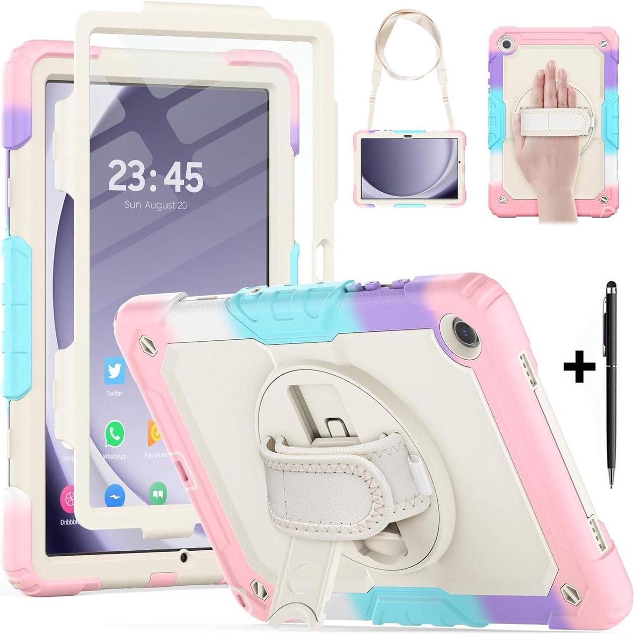 BONAEVER Case for Samsung Galaxy Tab A9 Plus Case 11 inch 2023 SM-X210/X216/X218 Shockproof Protective Cover with Screen Protector Rotating Stand and /Shoulder Strap Pen Holder Pink