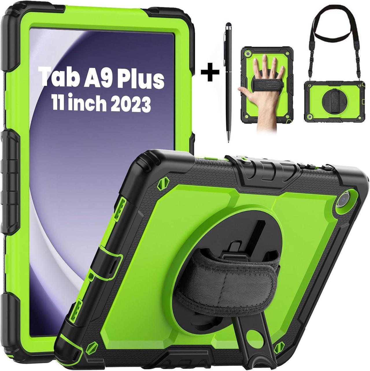 BONAEVER Case for Samsung Galaxy Tab A9 Plus Case 11 inch 2023 SM-X210/X216/X218 Shockproof Protective Cover with Screen Protector Rotating Stand and /Shoulder Strap Pen Holder Green