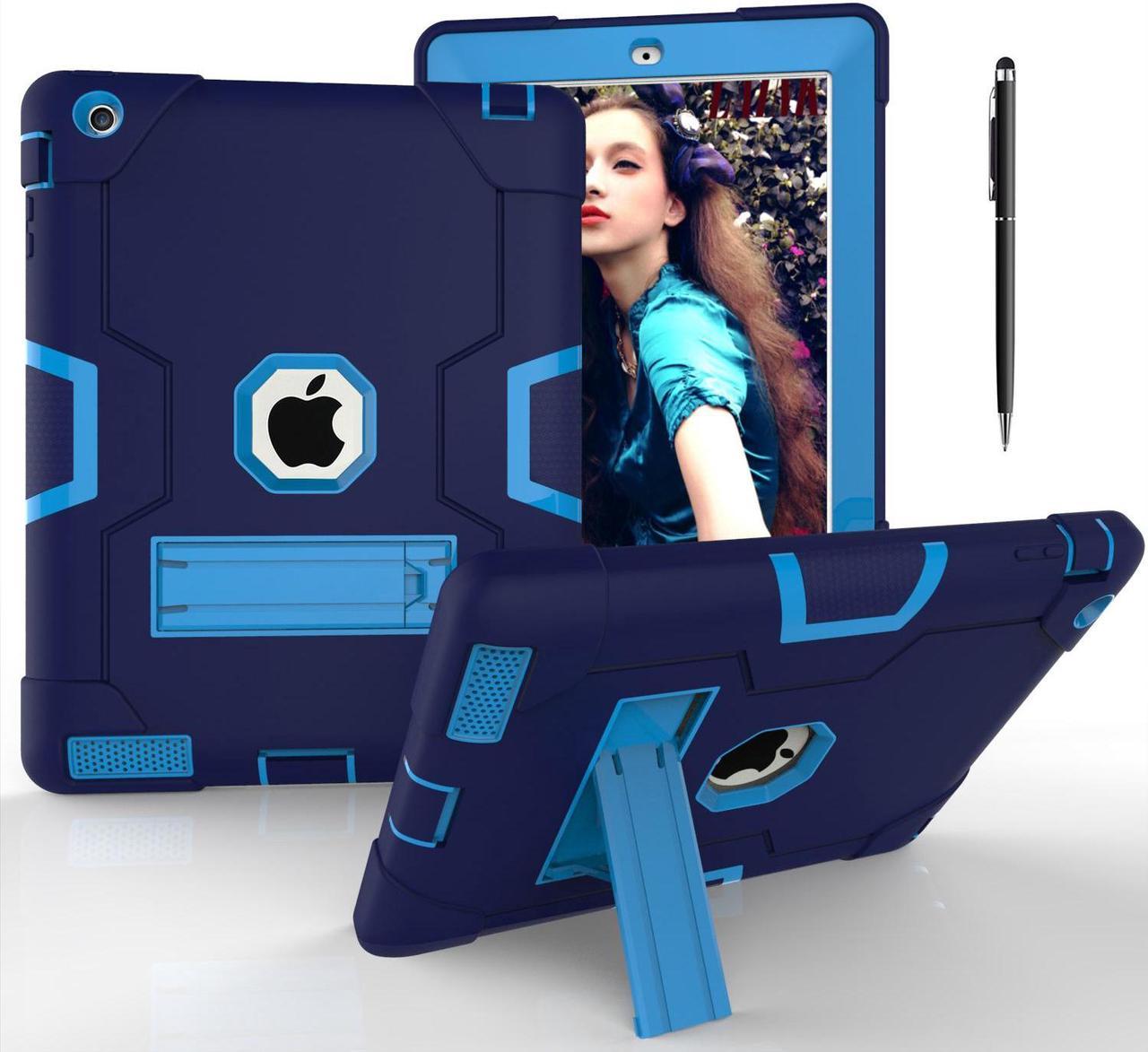 Bonaever Case for iPad 2, iPad 3, iPad 4 with Kickstand, Heavy Duty Shockproof Protective Cover with Stylus Pen Blue