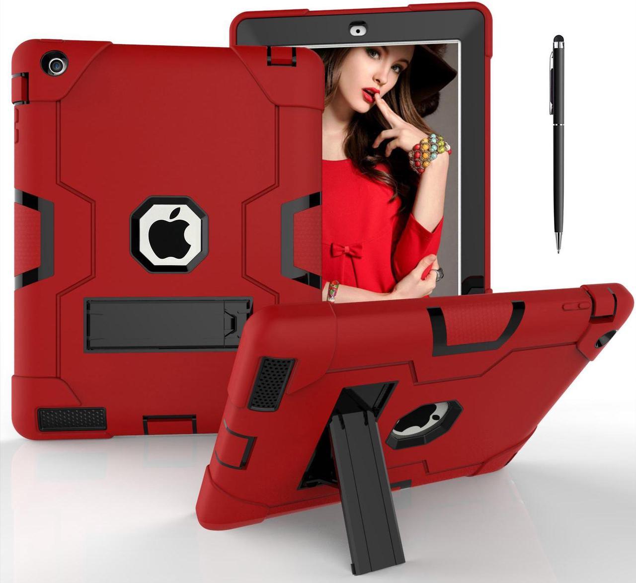 Bonaever Case for iPad 2, iPad 3, iPad 4 with Kickstand, Heavy Duty Shockproof Protective Cover with Stylus Pen Red