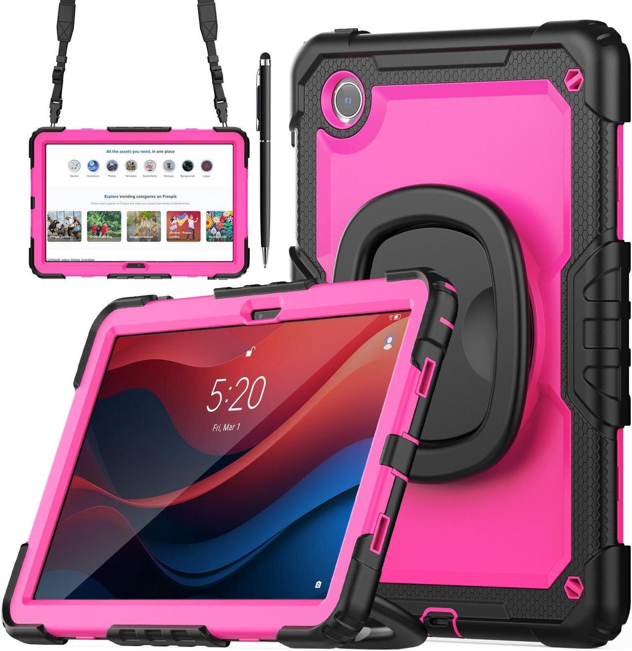 BONAEVER Case for Lenovo Tab M11 11 inch 2024 Model TB330FU TB330XU TB-331FC with Screen Protector Hand Shoulder Strap 360 Rotating Kickstand Stylus Pen, Rugged Full Body Protection Cover Rose Red