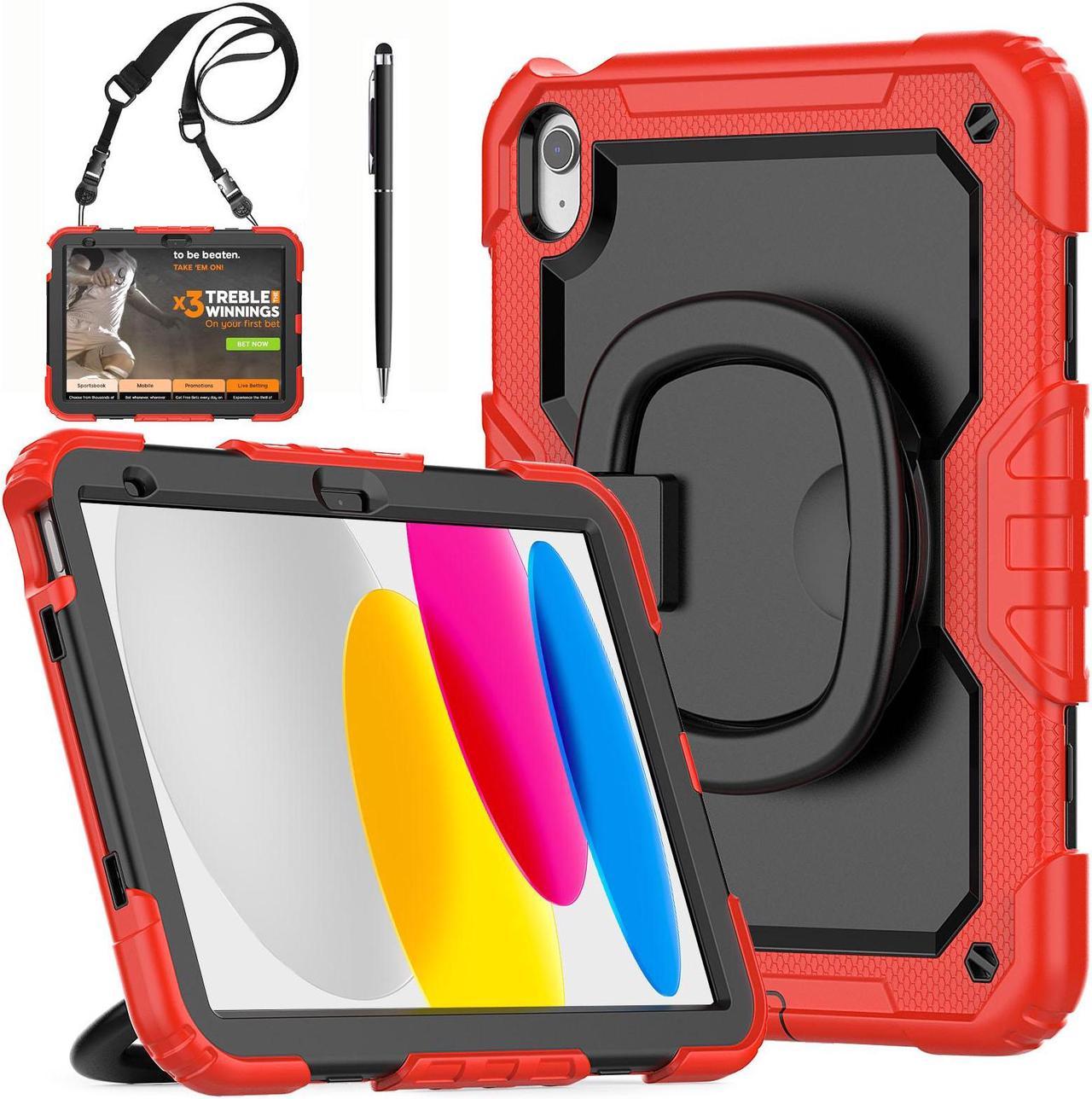 BONAEVER Case for iPad 10th Generation 10.9 Inch 2022, Sturdy Heavy Duty Full-Body Shockproof Protective Cover with Screen Protector, Rotating Stand, Hand/Shoulder Strap, Stylus Pen Red