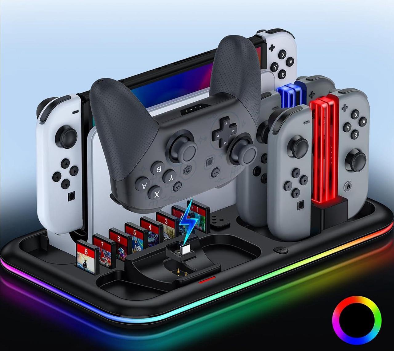 BONAEVER Switch Controller Charger for Nintendo Switch & OLED Joycon Charging Dock, Switch Organizer Station with RGB Lights for TV Dock, Pro Controller, 4 Joy-Cons, 2 Extended USB-C, 8 Game Slots