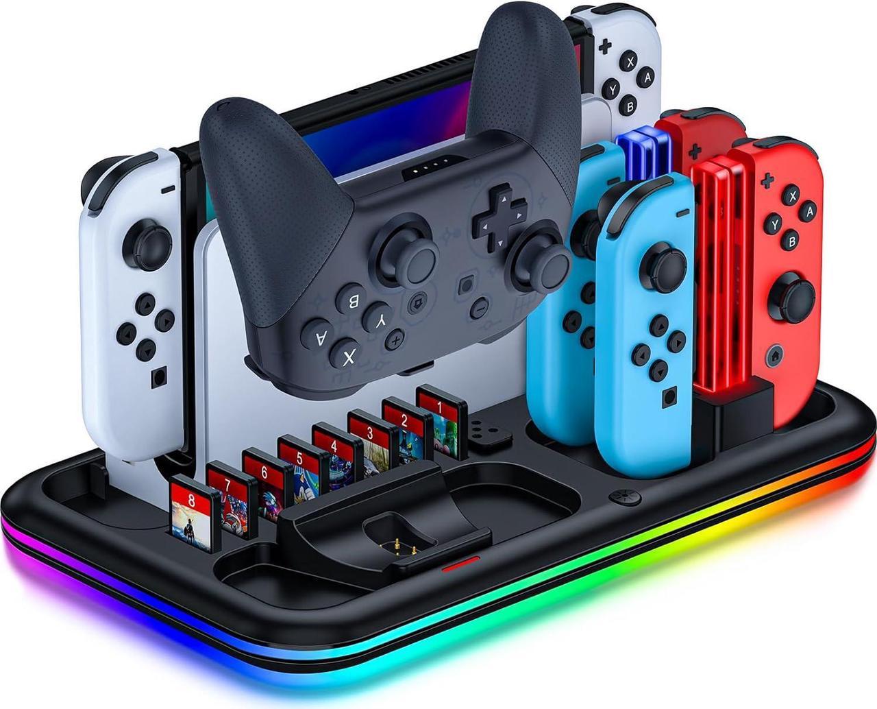 BONAEVER RGB Switch Charger Dock for Nintendo Switch/Switch Lite/OLED,Switch Charging Stand with 8 Games Storage for Switch Pro Controller Joycons