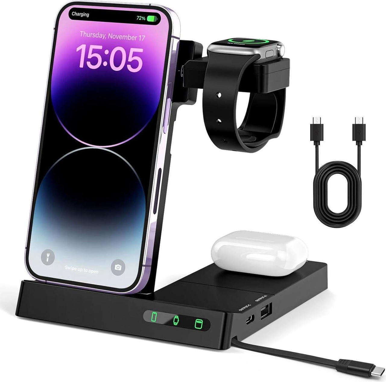 6 in 1 Wireless Charging Station for Multiple Devices Apple Samsung, Foldable Charger Stand Dock for iPhone 15 14 13 12 11 8 Pro Max Plus Mini SE XS Max XR X Watch Earphone Galaxy Buds 2 Pro