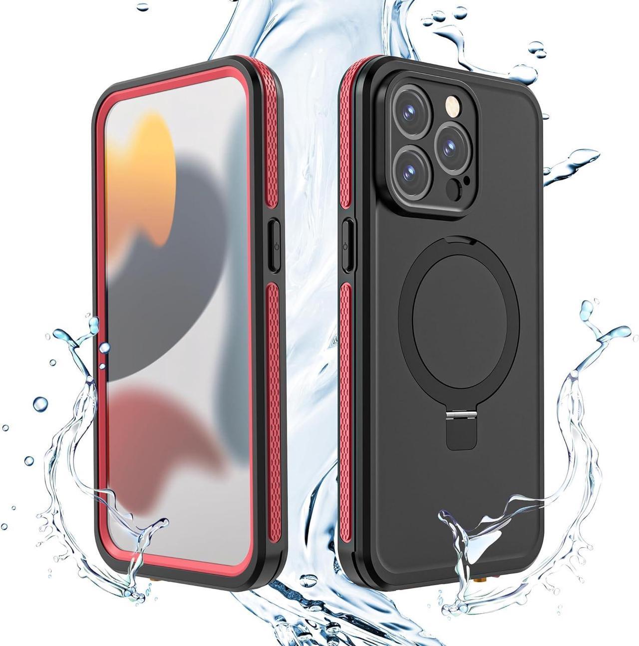 for iPhone 15 Pro Max Waterproof Case with Stand Compatible with MagSafe, Full Body Magnetic IP69 Underwater Case Built-in Screen Protector Military Grade Shockproof Case for Men Women Red