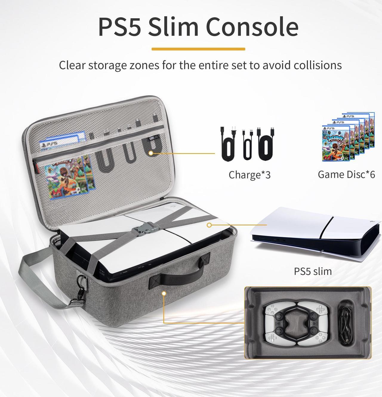 Alt view image 6 of 6 - Carrying Case Compatible with PS5 Slim, Hard Shell Travel Case for Playstation 5 Slim Console Controller, Large Capacity Protective Storage Bag for VR Games Accessories
