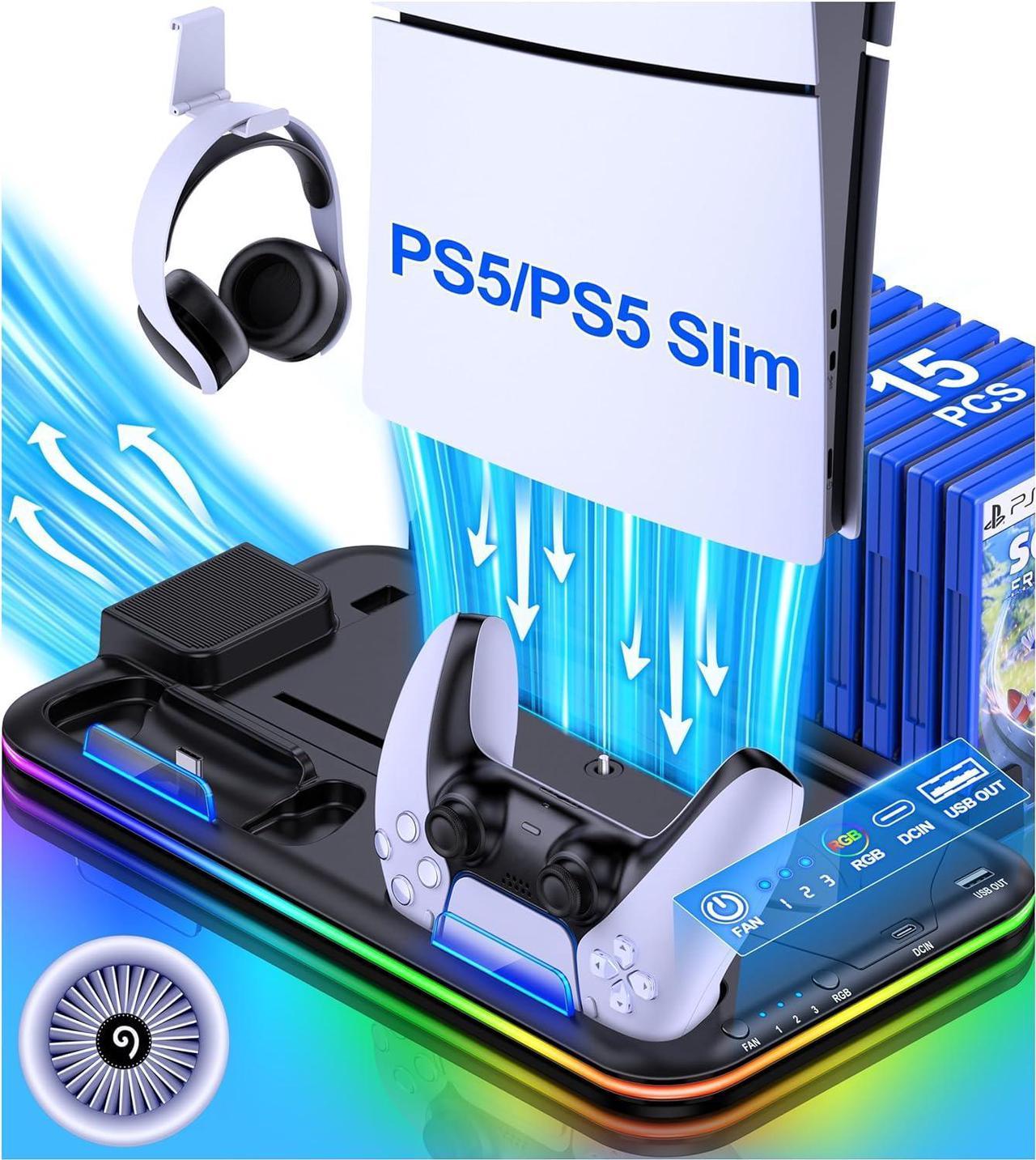 BONAEVER PS5 Slim Stand and Turbo Cooling Station with Controller Charging Station for Playsation 5, PS5 Accessories Kits with Cooling Fan, RGB LED, 15 Game Slot, Headset Holder for PS5 Digital/Disc