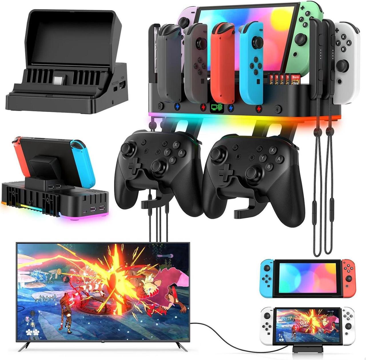 BONAEVER Switch TV Dock Station & Wall Mount for Nintendo Switch/OLED,RGB Switch Charging Dock for Joycon with 4 Controller Charger,1 HDMI2.0, 1 USB 3.0,3 USB 2.0,10 Card Slots, 2 Hooks, 4 Wrist Strap