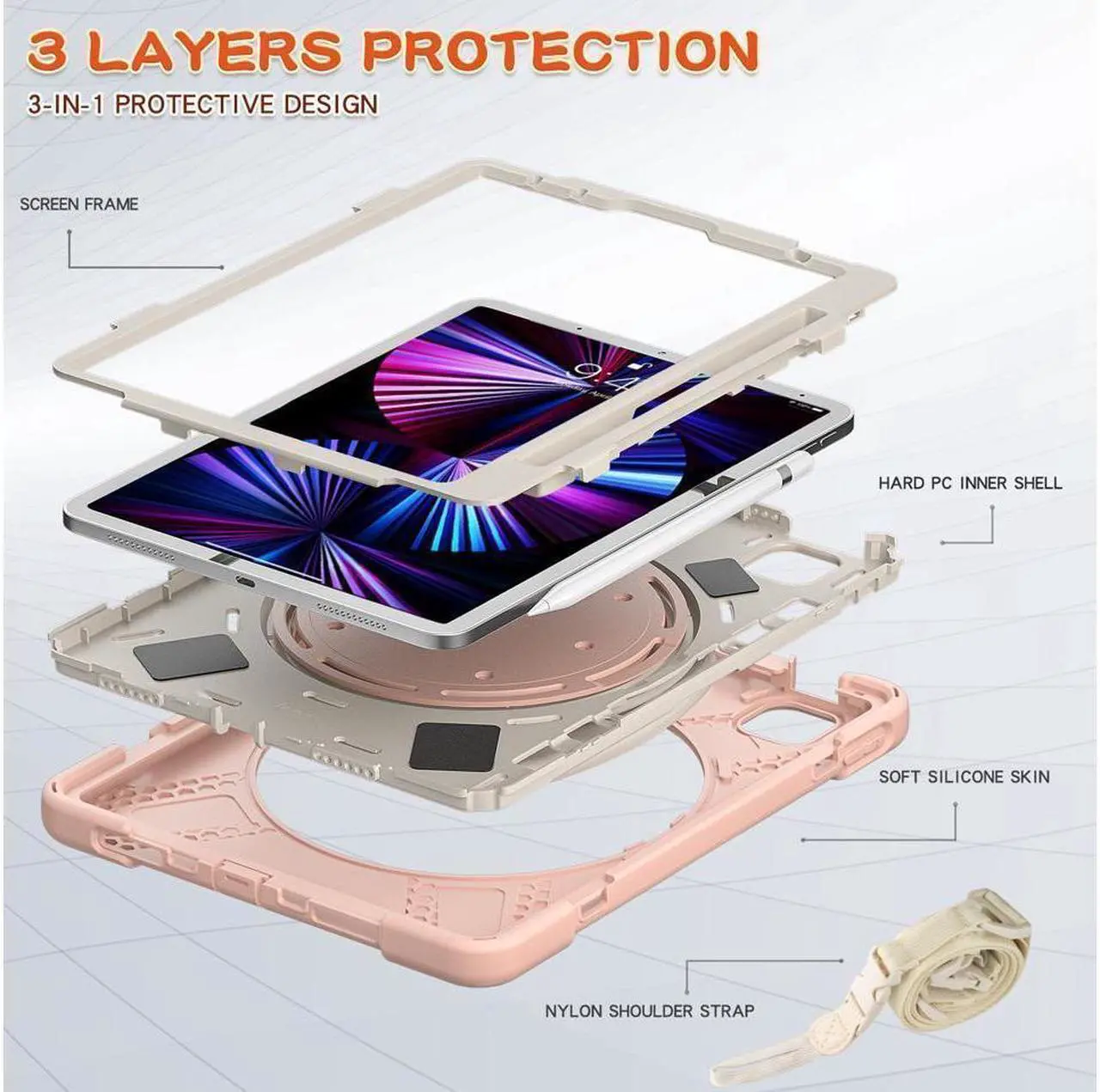 Alt view image 6 of 7 - BONAEVER Case for iPad Air 11 inch 2025 2024 M3 M2, iPad Air 5 Air 4 10.9 inch 2022 2020, iPad Pro 11 Inch 2022 2021 2020 2018 Shockproof Cover with Pencil Holder, Stand and Shoulder Strap Rose Gold