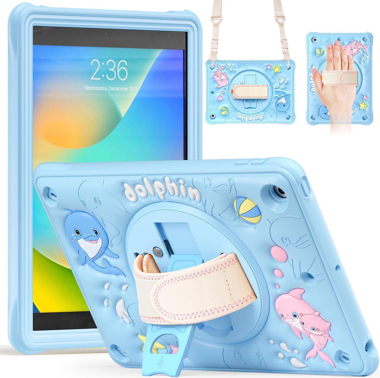 Main image of BONAEVER Kids Case for iPad 9th 8th 7th Gen 10.2 inch 2021 2020 2019 with Portable Hybrid ShockProof Cover with Hand/Shoulder Strap, Rotating Stand, Pencil Holder Blue