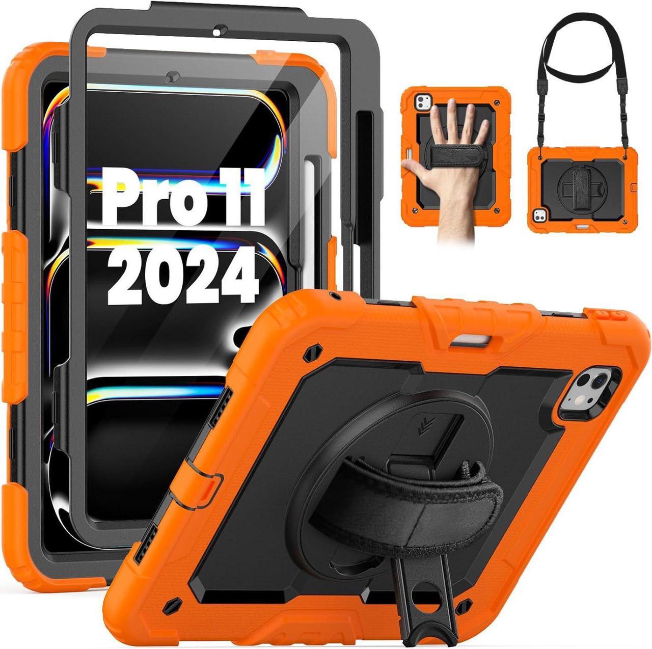 BONAEVER for iPad Pro 11 Inch Case 2024 M4 2024 5th Generation A2836/A2837/A3006 Protective Cover with Built-in Screen Protector, 360° Rotating Stand, Adjustable Shoulder Strap, Pencil Holder Orange