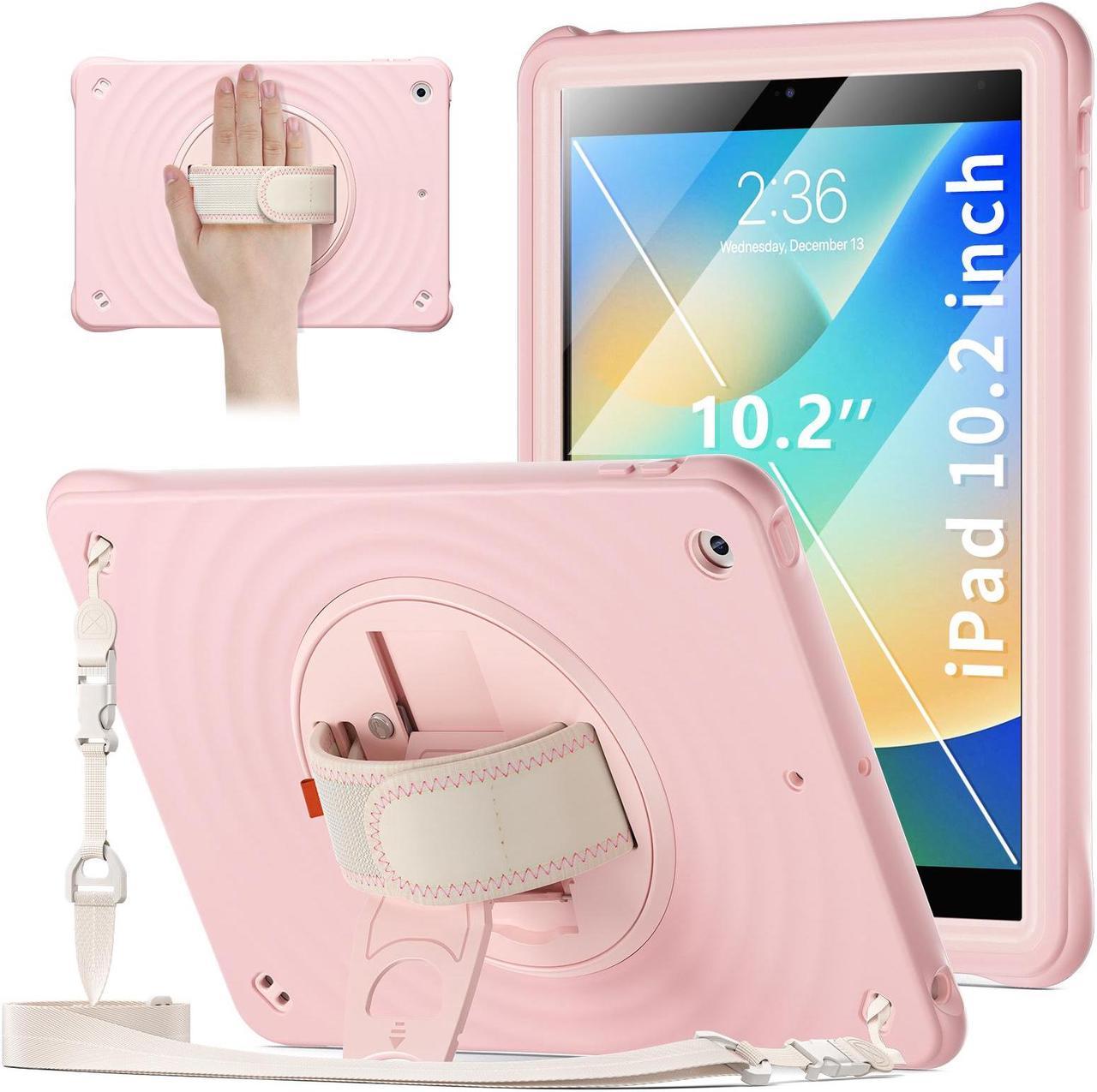 BONAEVER Case for iPad 10.2 inch 9th 8th 7th  Generation 2021 2020 2019 with Built-in Screen Protector, 360° Rotating Stand, Adjustable Shoulder Strap, Hand Strap, Pencil Holder Pink