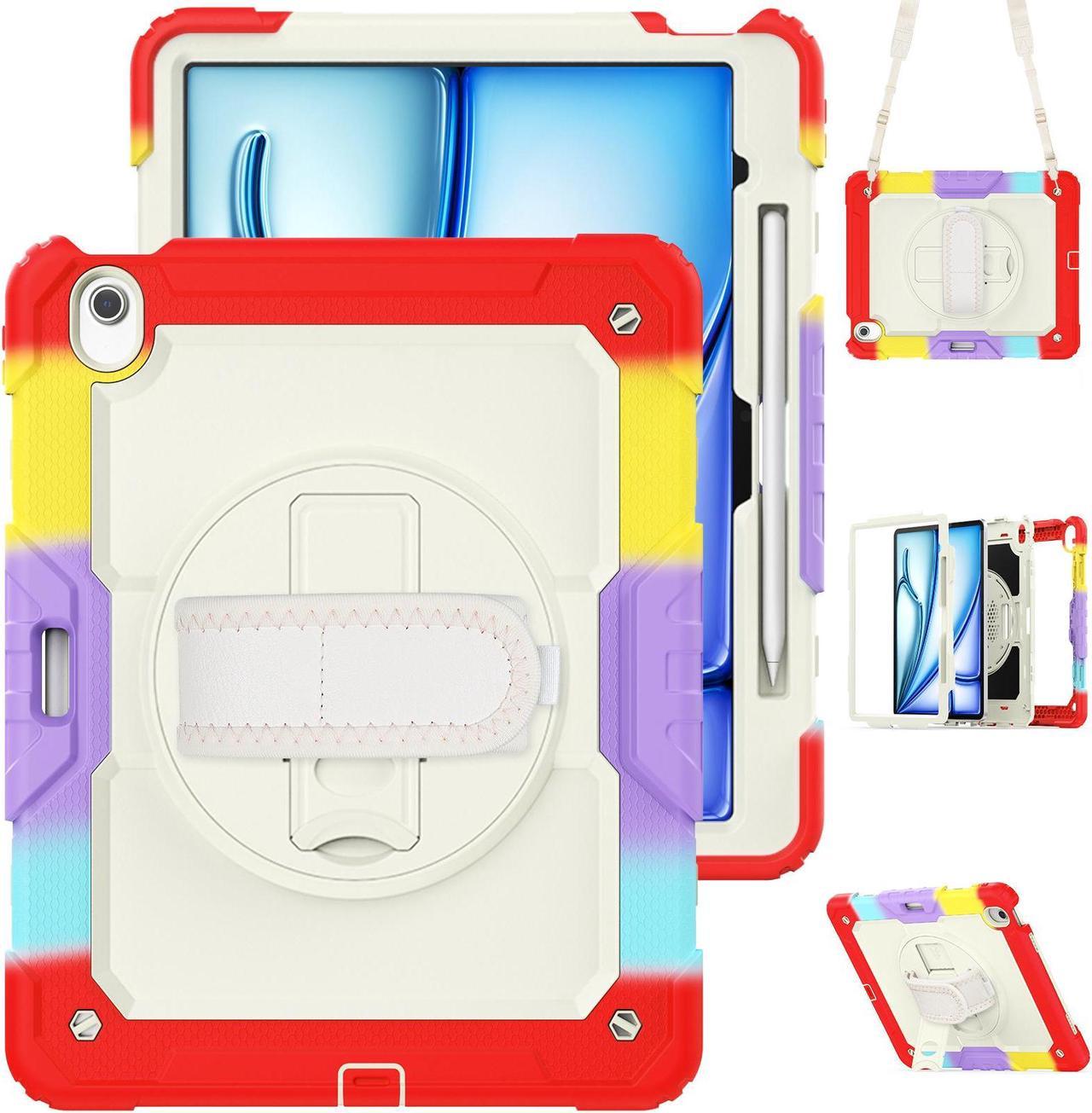 Case for iPad Air 13 inch M2 2024 Model A2898/A2899/A2900 with Built-in Screen Protector, 360° Rotating Stand, Adjustable Shoulder Strap, Pencil Holder Rainbow Red