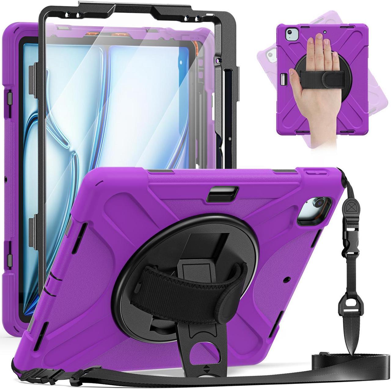 Case for iPad Air 13 inch M2 2024 and iPad Pro 12.9 2022 - 2018 6th/5th/4th/3rd Gen with Built-in Screen Protector, 360° Rotating Stand, Adjustable Shoulder Strap, Pencil Holder Purple