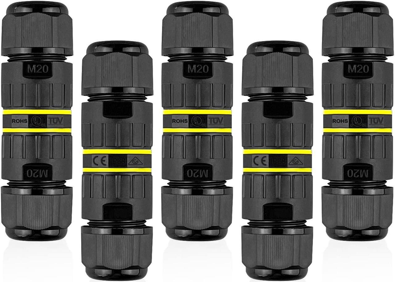 BONAEVER 2 Way 3 Pin Junction Box IP68 Outdoor Waterproof Electrical Cable Connector, M20 Wire Range(5-12mm), Suitable for Repair and Extend Power Cables, 5-Pack