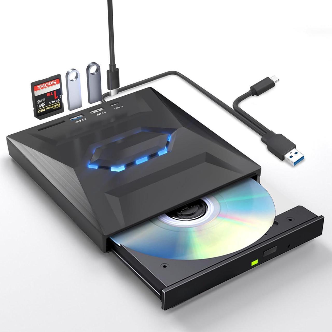 BONAEVER External CD DVD Drive, USB C Portable CD/DVD +/-RW Drive/DVD Player with SD Card Reader USB 3.0 USB C Hub CD ROM Burner Compatible with Laptop Desktop PC Windows Linux OS Apple Mac