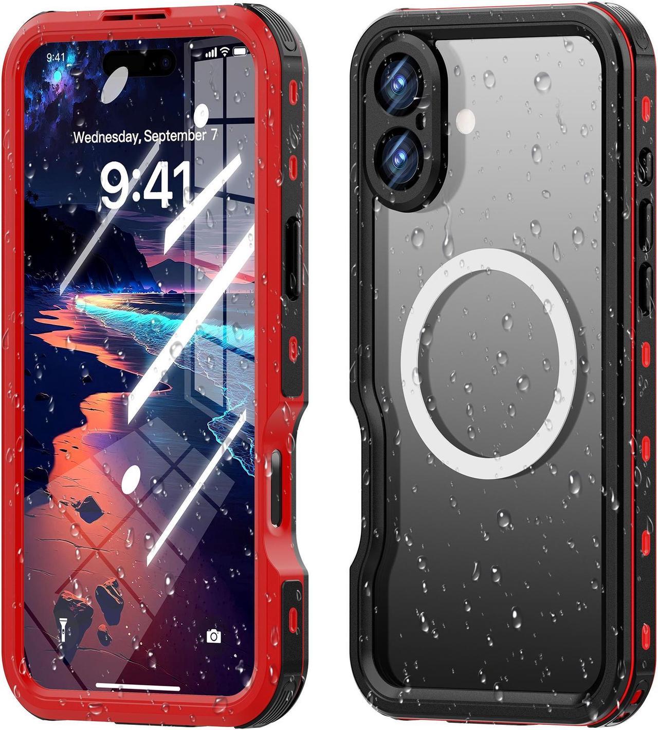 BONAEVER Magnetic Waterproof Case for iPhone 16 Plus, Built-in Screen Protector[IP68 Underwater][Upgrade Military Dropproof][Compatible with MagSafe] Full Body Shockproof Translucent Phone Cover Red