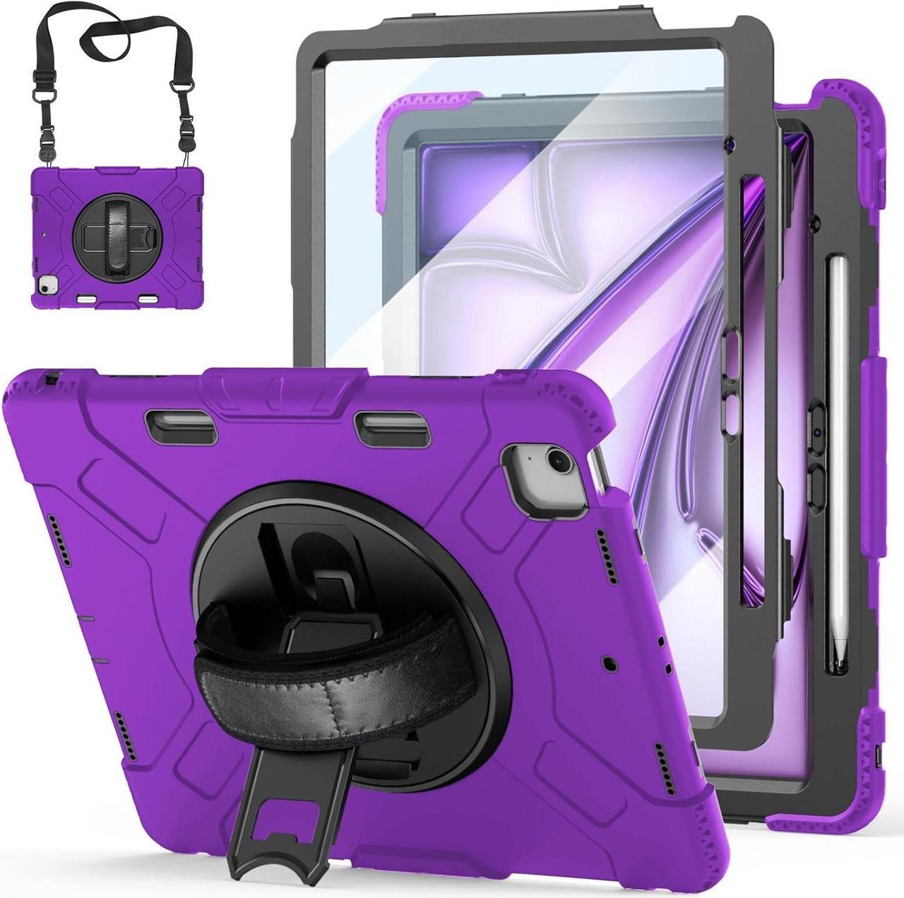 BONAEVER Case for iPad Air 13 Inch Case M2 (2024), Rugged iPad Pro 12.9 6th/5th/4th/3rd Generation Case with Screen Protector/Kickstand/Handle Grip/Shoulder Strap/Pencil Holder Purple