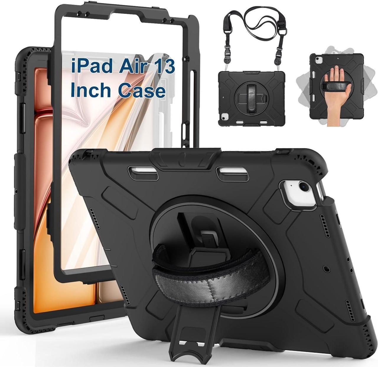 BONAEVER Case for iPad Air 13 Inch 2024 A2898 A2899 A2900 Upgraded Military Shockproof Silicone Cover with Screen Protector+Hand Strap+Shoulder Strap+Rotating Kickstand+Pencil Holder