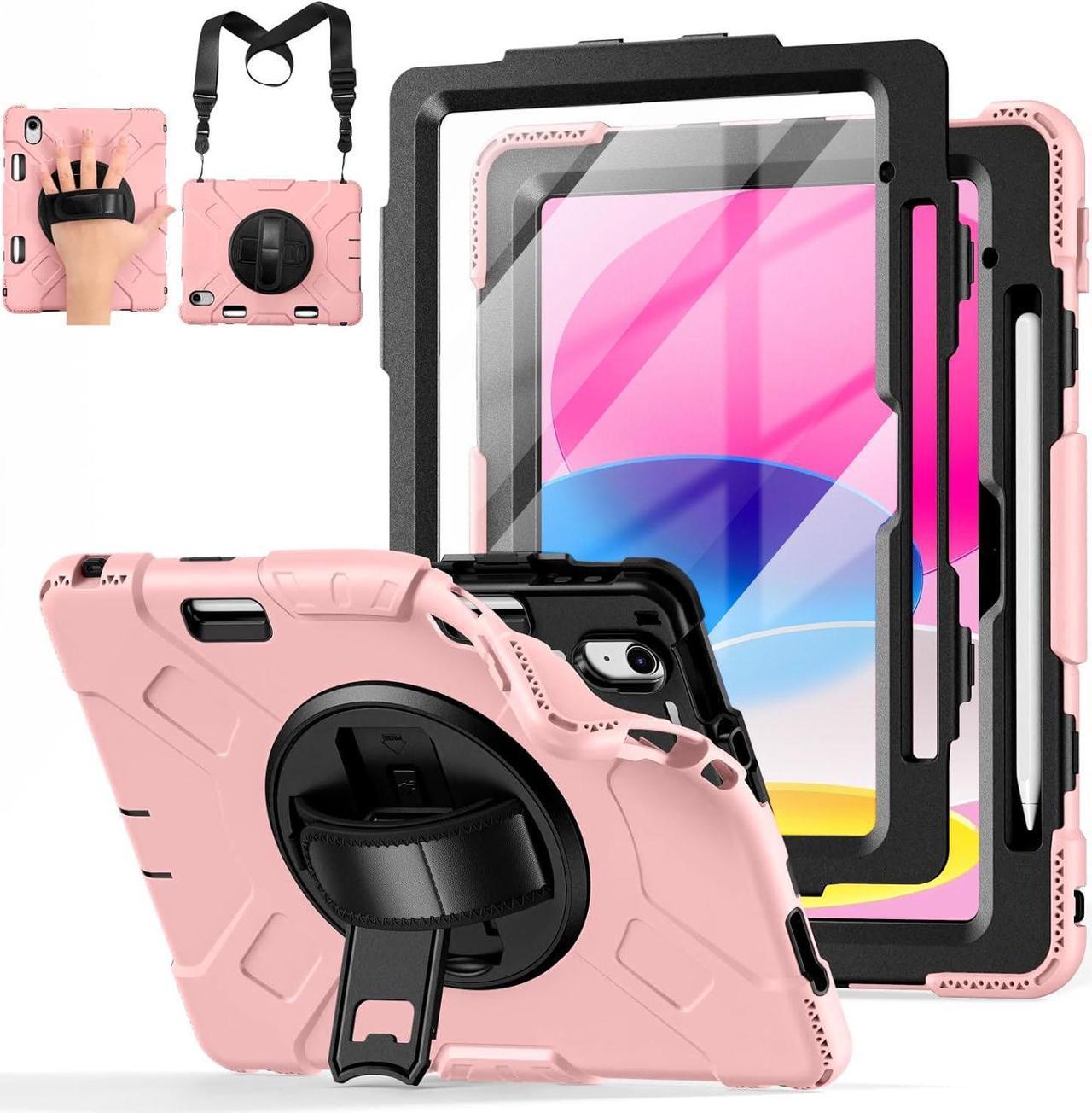 BONAEVER Case for iPad 10th Generation 2022 A2757 A2777 A2696 Protective Cover with Screen Protector/Pencil Holder/Rotating Stand/Hand Strap/Shoulder Strap Pink