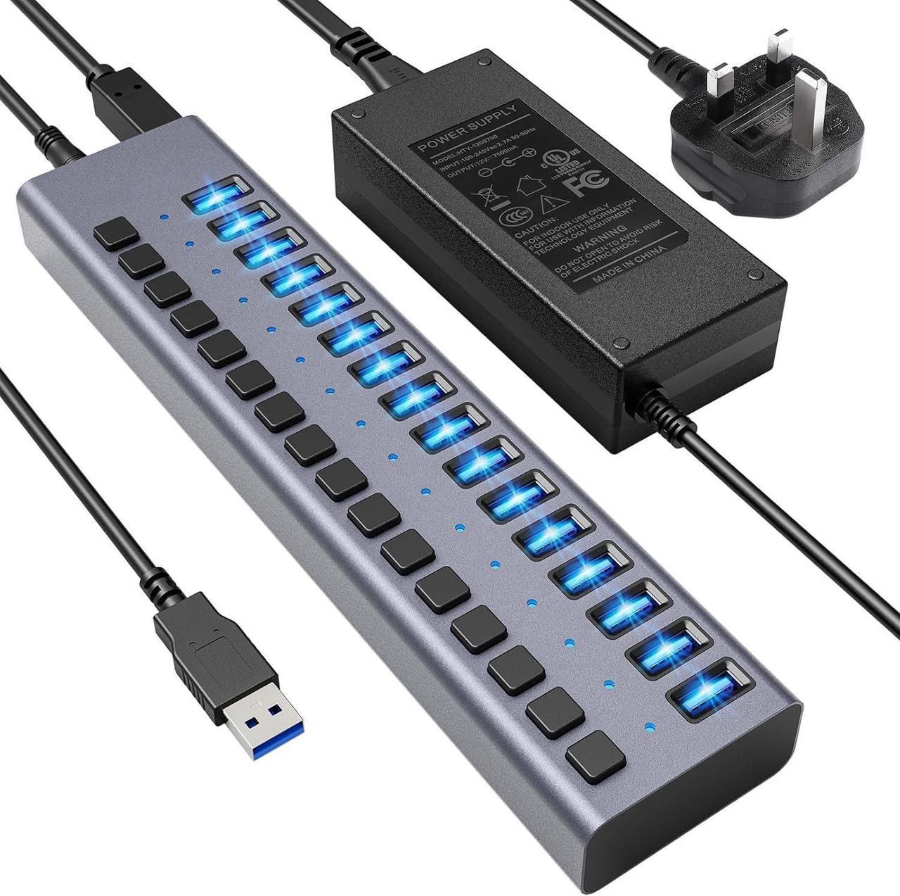 BONAEVER 90W Powered USB Hub - 16 Ports USB 3.0 Data Port, Aluminum Housing, Individual On/Off Switches, 12V/7.5A Power Adapter, USB Charging Hub/USB Splitter for Laptop, PC, Computer, Printer