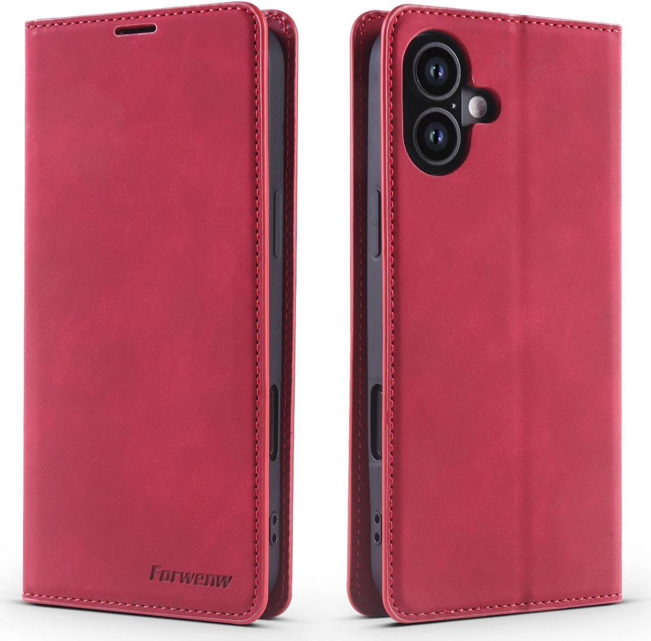 BONAEVER Case for iPhone 16 6.1 inch Premium PU Leather Phone Cover with Card Holder Stand, Shockproof Flip Wallet Cover Red