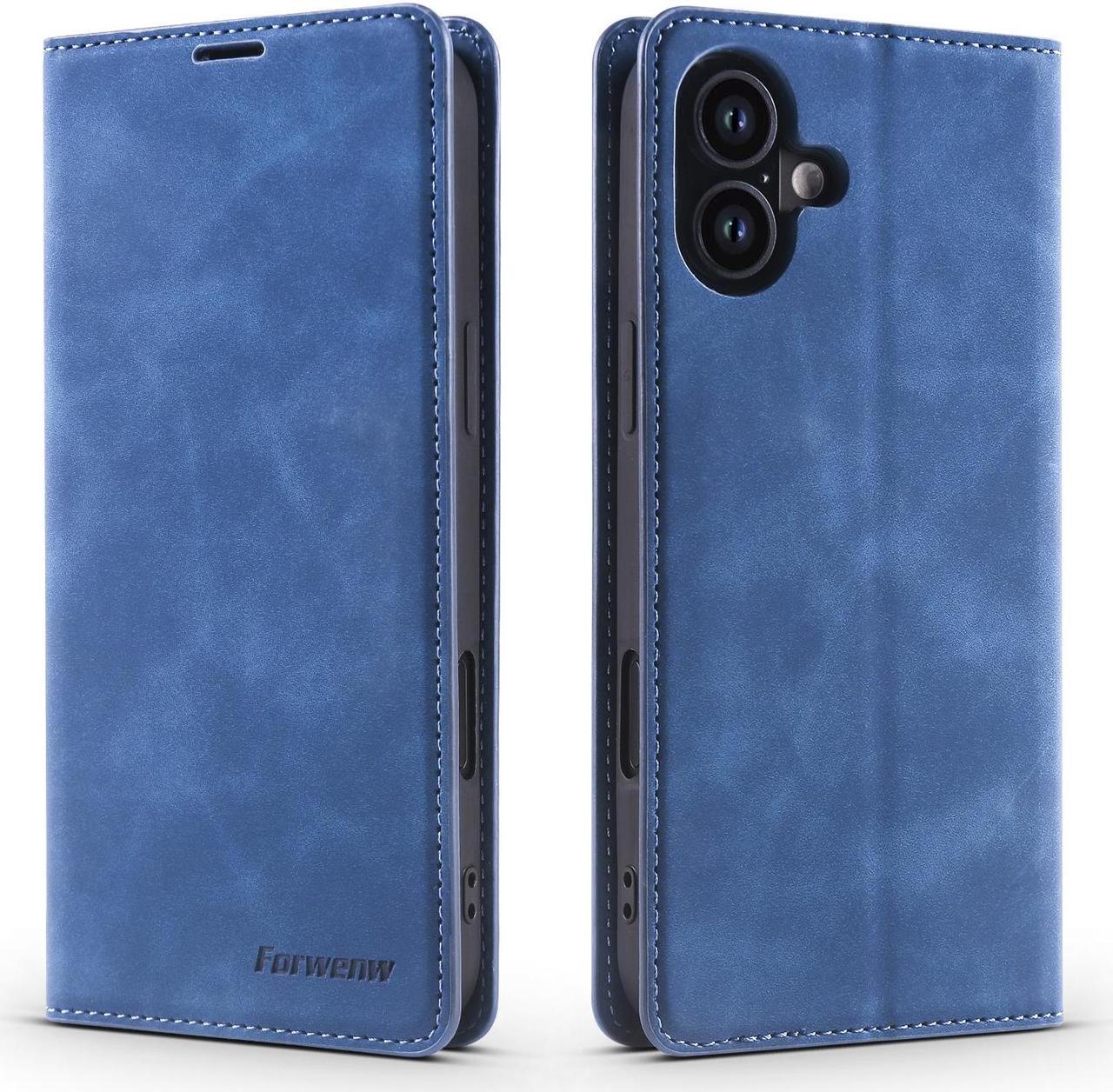 BONAEVER Case for iPhone 16 Plus 6.7 inch Premium PU Leather Phone Cover with Card Holder Stand, Shockproof Flip Wallet Cover Blue