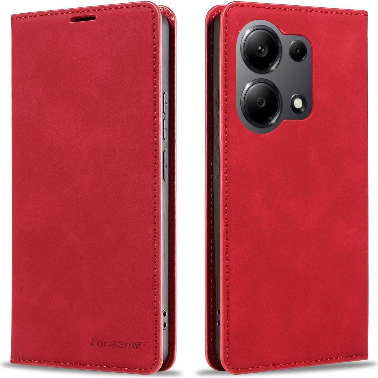 BONAEVER Case for Xiaomi RedMi Note 13 Pro 4G (Not fit 5G) Premium PU Leather Phone Cover with Card Holder Stand, Shockproof Flip Wallet Cover Red