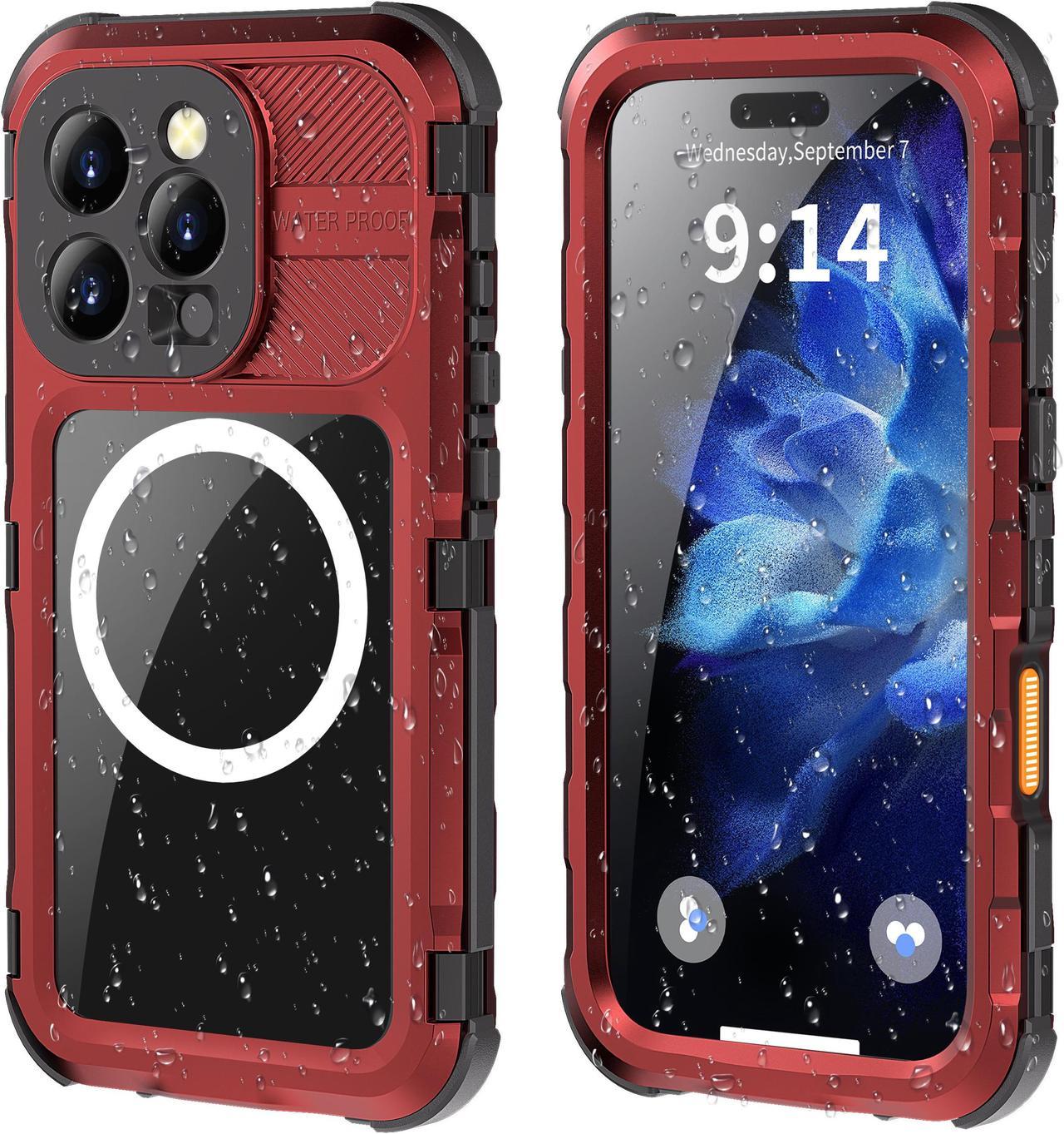 BONAEVER for iPhone 16 Pro 6.3 inch Waterproof Case Compatible with MagSafe, Magnetic Waterproof Metal Full Body IP68 Underwater Case Built-in Screen Protector Military Grade Shockproof Cover Red