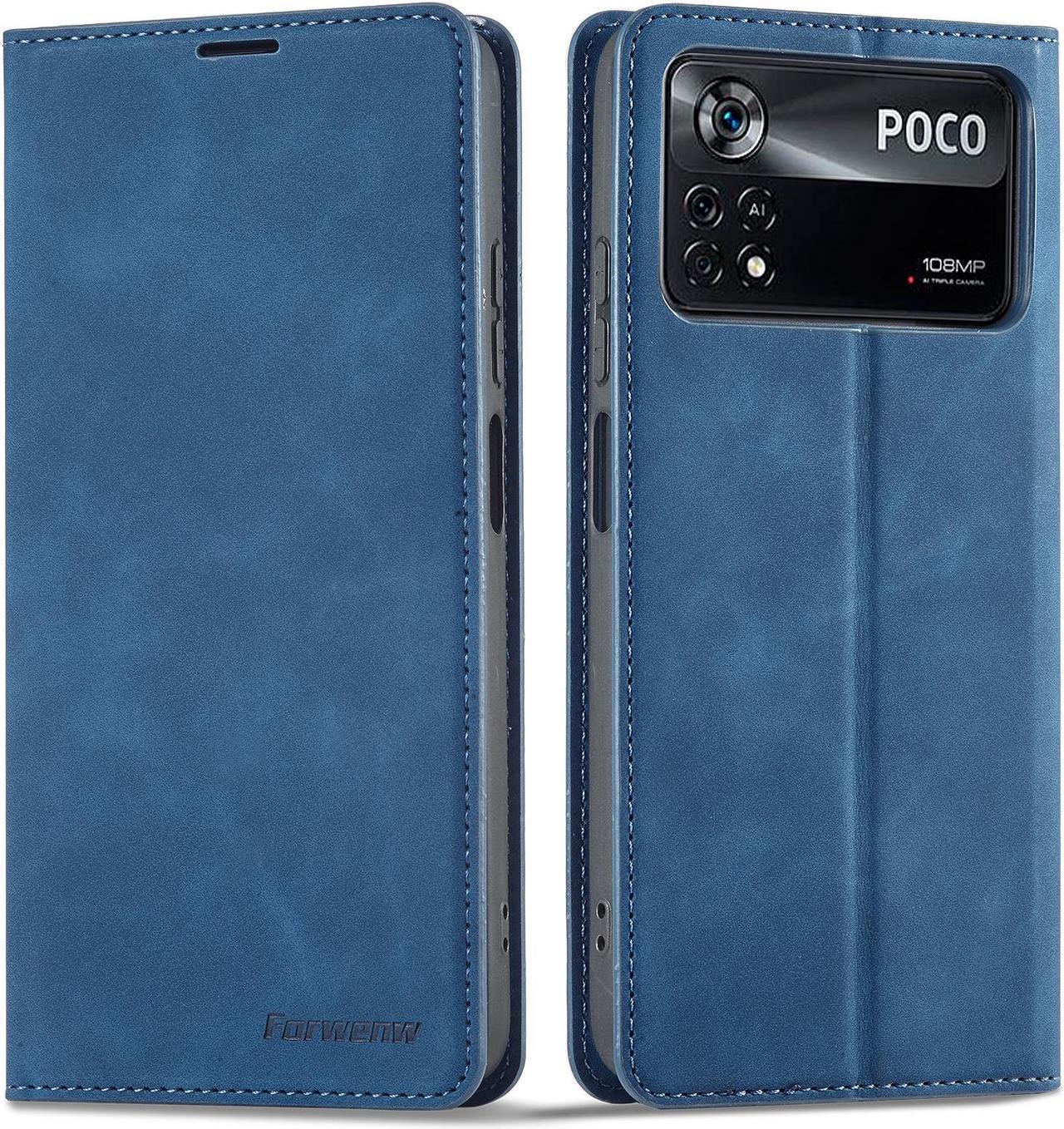 BONAEVER Case for Xiaomi Poco X4 Pro 5G Premium PU Leather Phone Cover with Card Holder Stand, Shockproof Flip Wallet Cover Blue