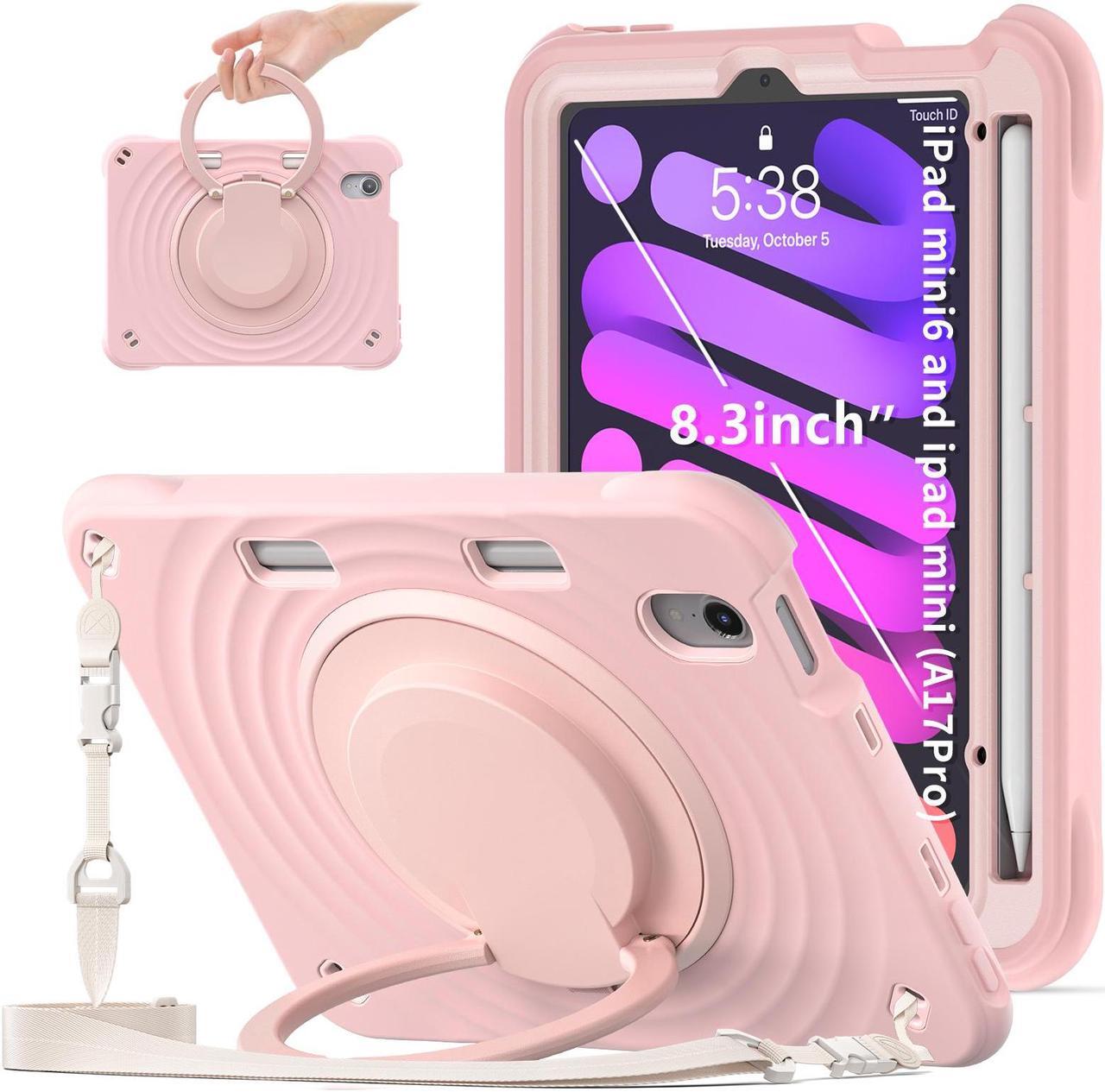 Main image of BONAEVER Shockproof Case for iPad Mini 7 (A17 Pro) 2024 / iPad Mini 6 8.3 inch 2021 Protective Cover with 360° Rotating Stand, Hand/Shoulder Strap, Pencil Holder Pink