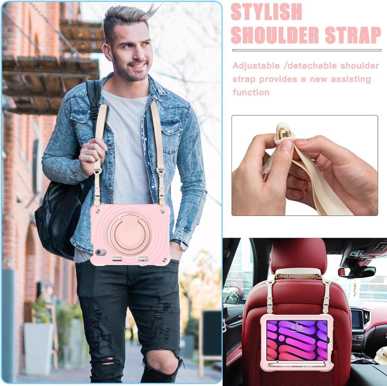 Alt view image 6 of 7 - BONAEVER Shockproof Case for iPad Mini 7 (A17 Pro) 2024 / iPad Mini 6 8.3 inch 2021 Protective Cover with 360° Rotating Stand, Hand/Shoulder Strap, Pencil Holder Pink