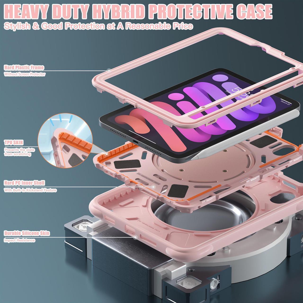 Alt view image 7 of 7 - BONAEVER Shockproof Case for iPad Mini 7 (A17 Pro) 2024 / iPad Mini 6 8.3 inch 2021 Protective Cover with 360° Rotating Stand, Hand/Shoulder Strap, Pencil Holder Pink